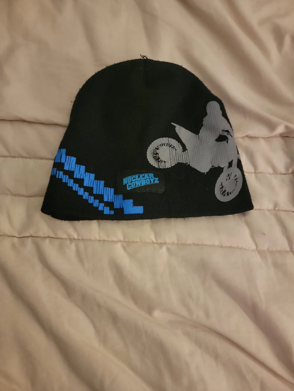 Kids Black Beanie with Blue & Gray Motocross Graphic -